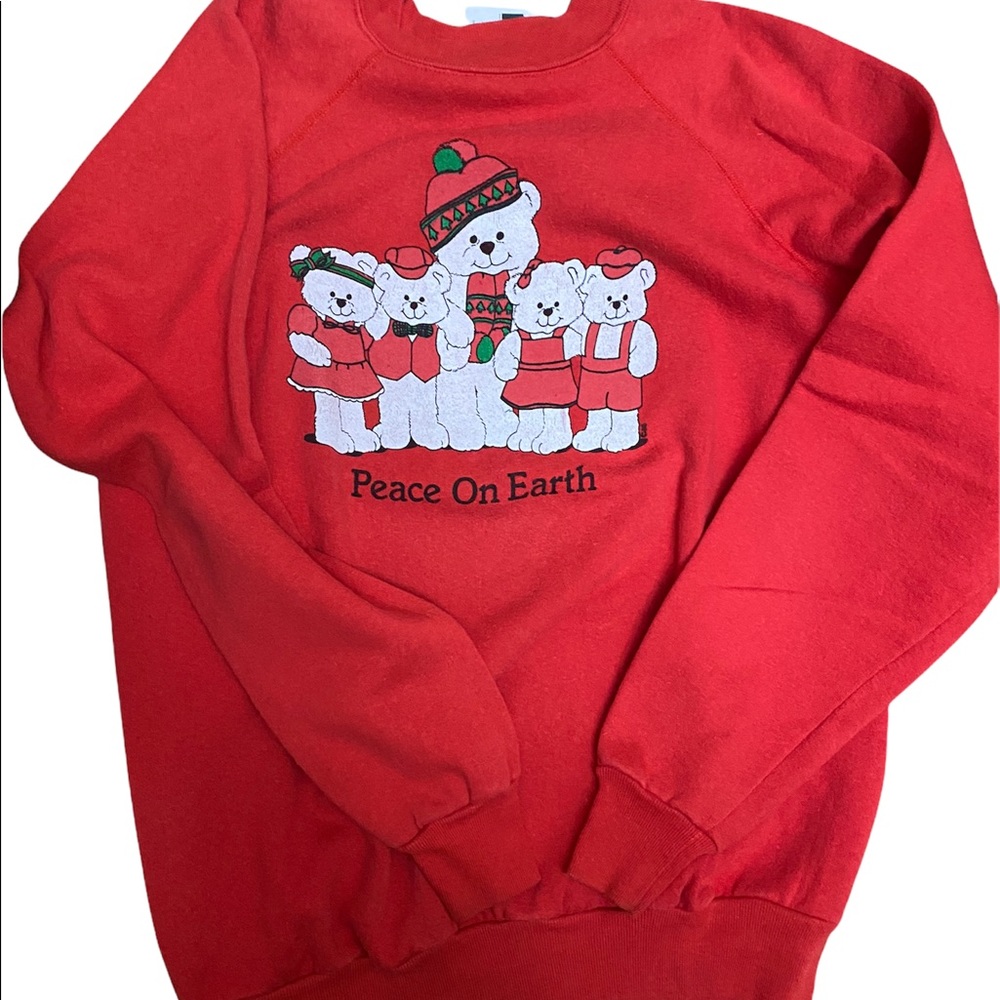 vintage 80’s Teddy Bear Sweatshirt PEACE ON EARTH XL Bears With Hats‎ Reiss